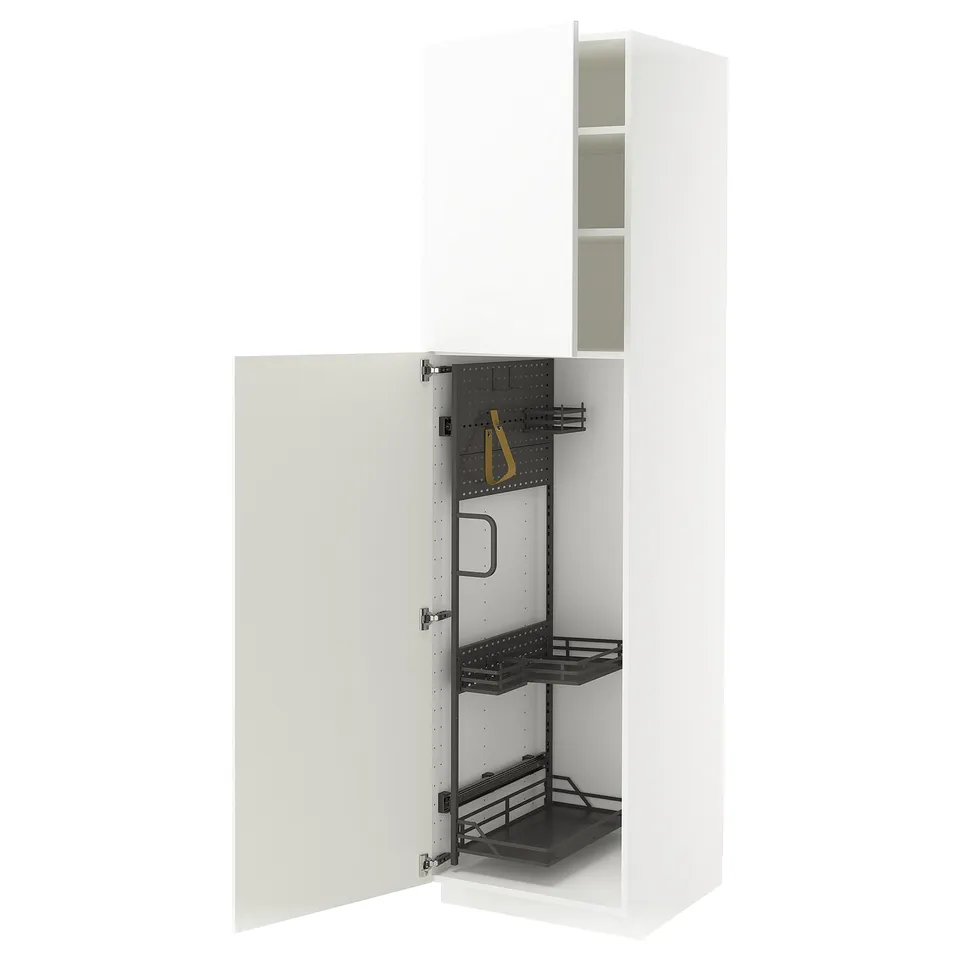 White vertical cabinet, part of IKEAs METOD kitchen system, high gloss finish and pull-out organisers.