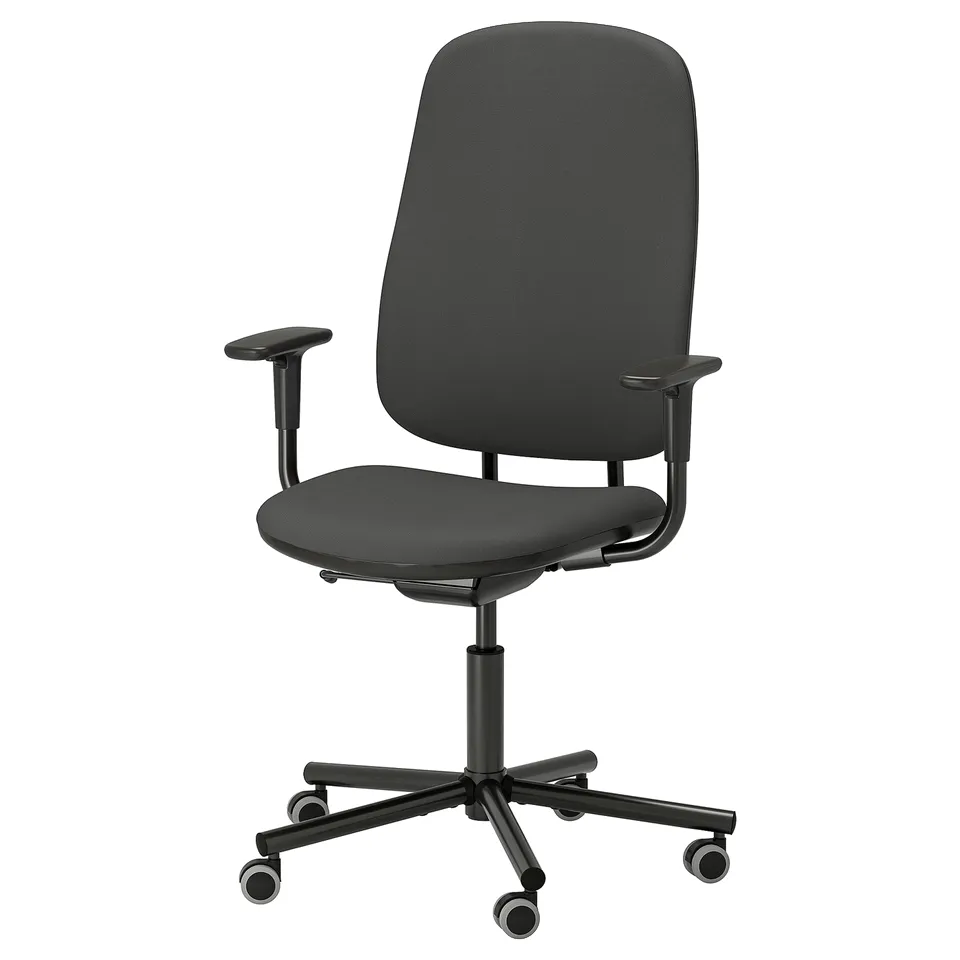 MULLSJÖ: sleek grey office chair, fabric-covered, black metal base, 5 casters, adjustable armrests.