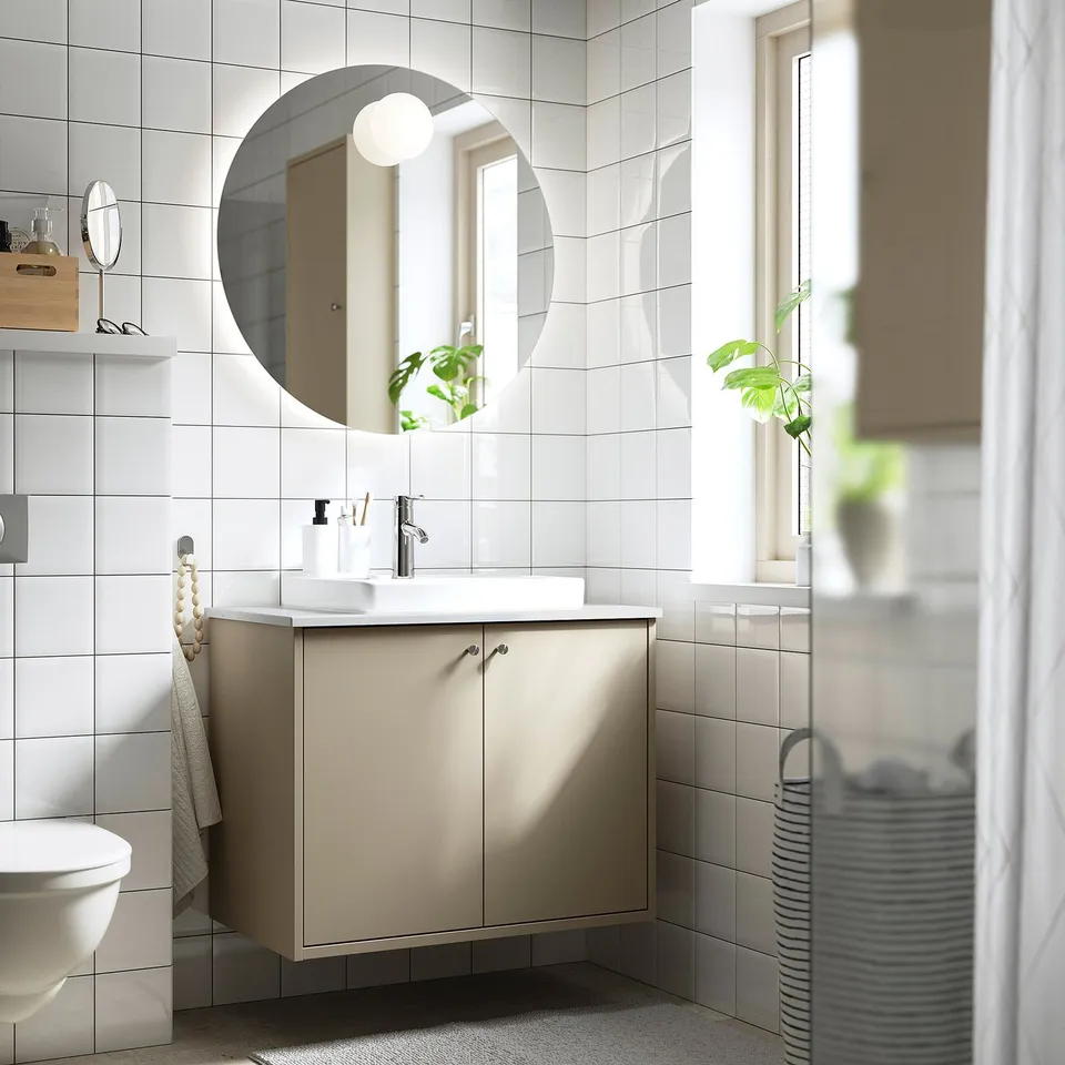 HAVBÄCK / ORRSJÖN Wash-stnd w doors/wash-basin, beige/white marble effect, 82x49x71 cm