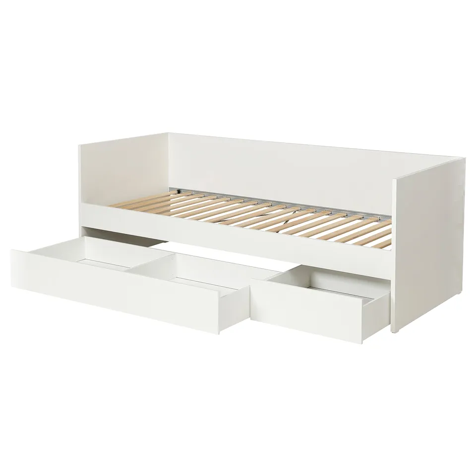 A white VIHALS daybed with storage drawers. Its minimalist and modern, featuring wooden slats and two large drawers beneath for extra storage.