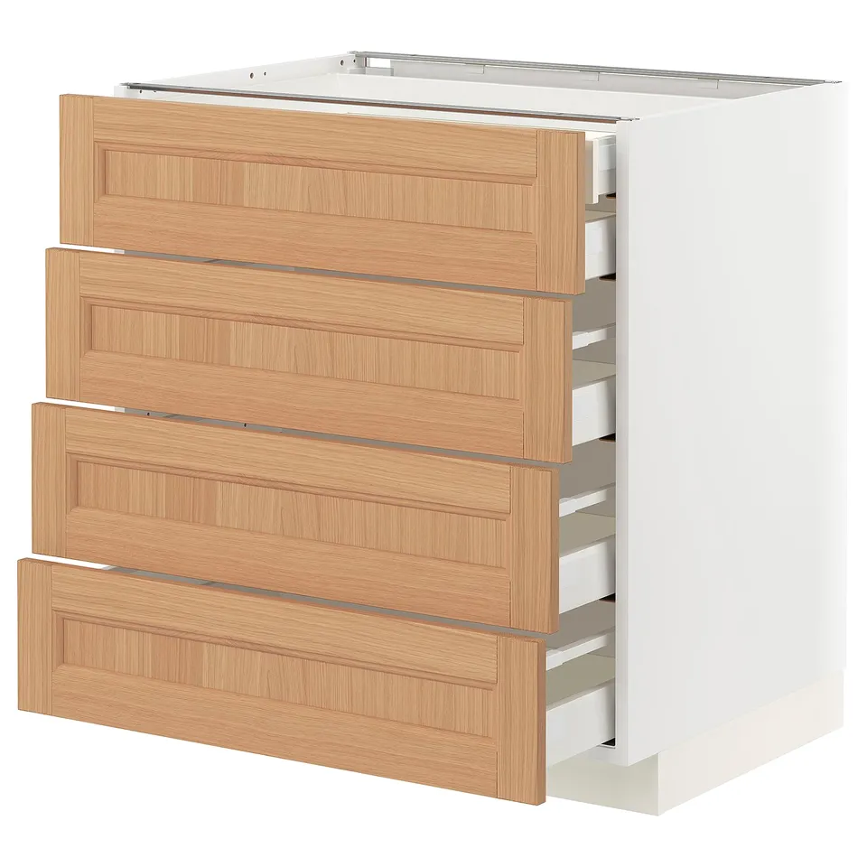 Modern kitchen cabinet, white and oak. Four open wood drawers, sleek design.