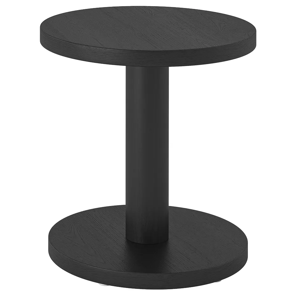 STOCKHOLM 2025 black side table, round top & base, single central leg, modern scandinavian design.
