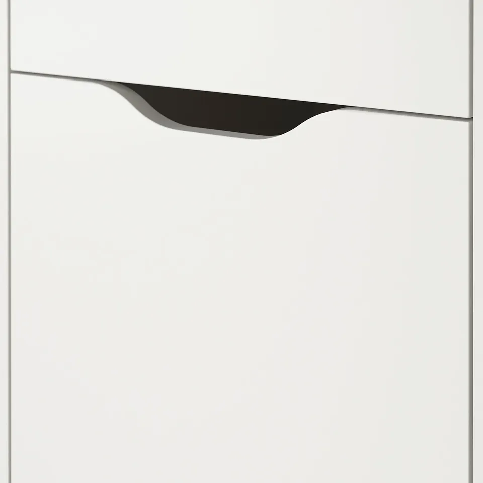 Modern white cabinet with sleek black handle, smooth finish, minimalist design.