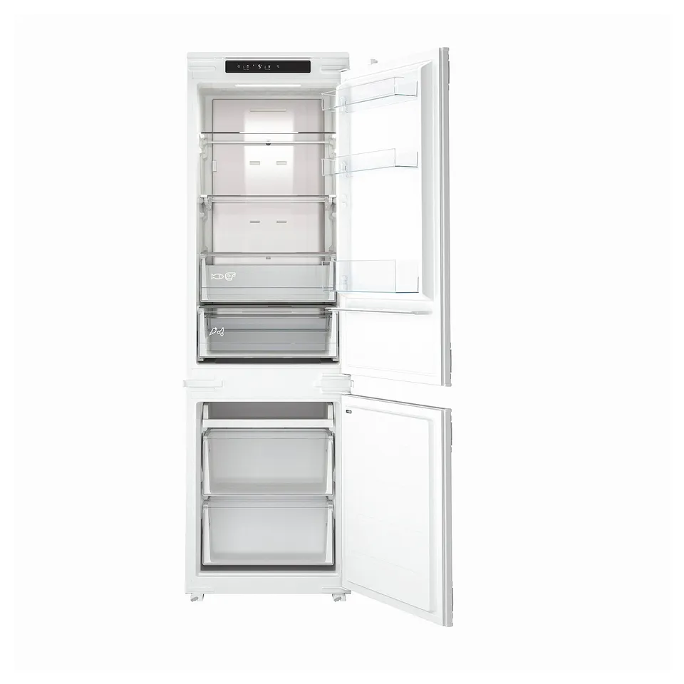 White integrated fridge/freezer, open doors revealing shelves and drawers, modern design.