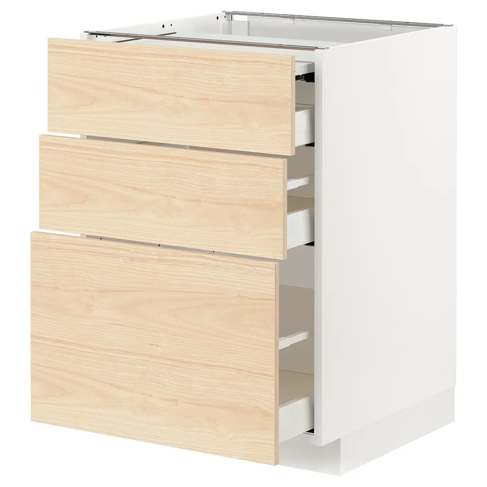 METOD kitchen unit with 3 light ash drawers and white frame.