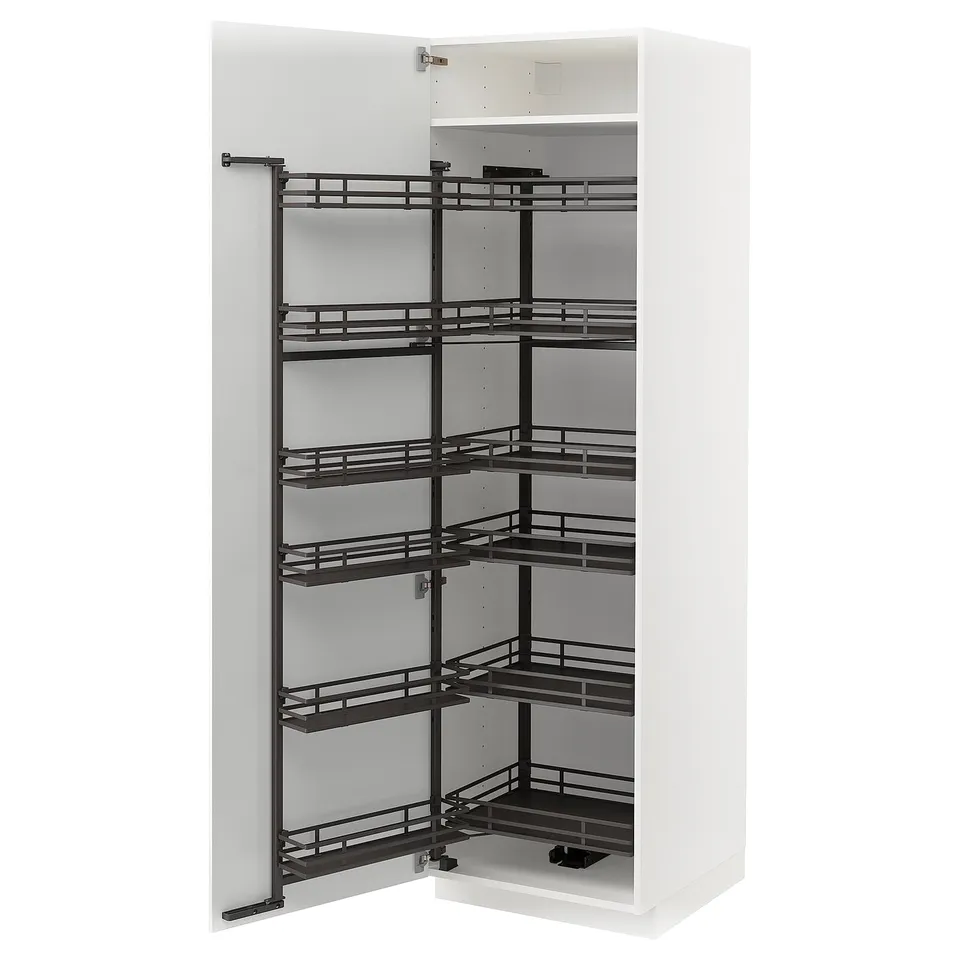 Modern white kitchen cabinet with pull-out shelves, sleek design, four adjustable metal racks.