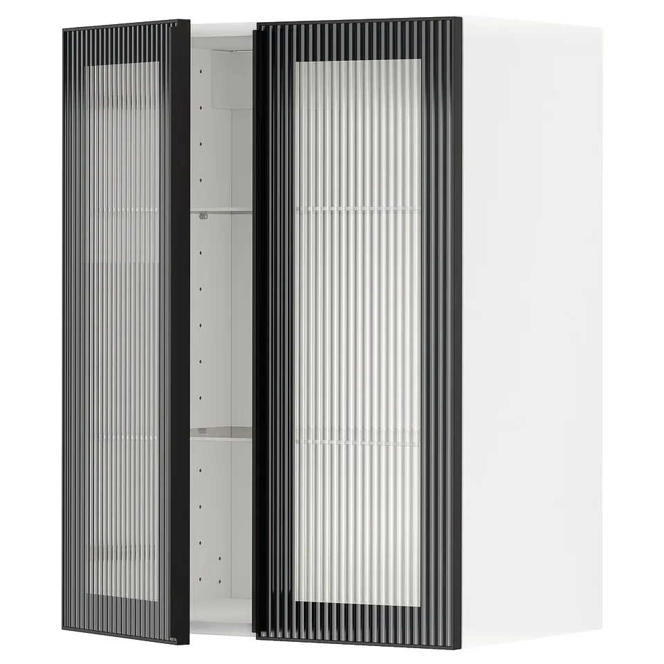 Modern black glass cabinet with vertical lines, metal frame, and integrated handle, perfect for kitchen storage.
