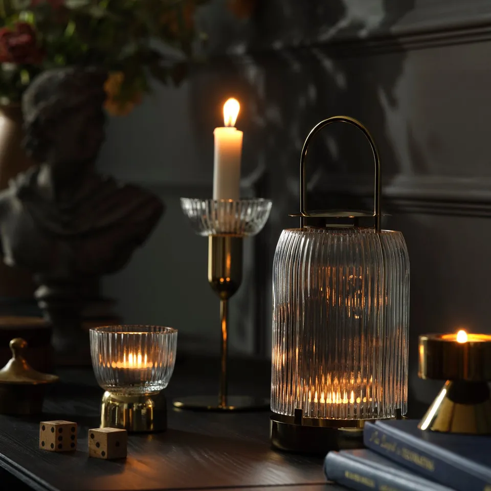 KUNGSTÄRNA Lantern for tealight, clear glass/gold-colour, 25 cm