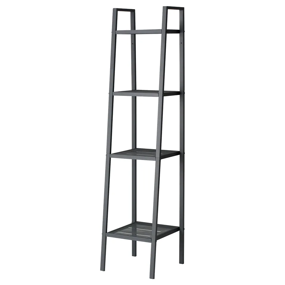 A LERBERG black metal bookshelf with varying shelf sizes, offering an airy and clean design.