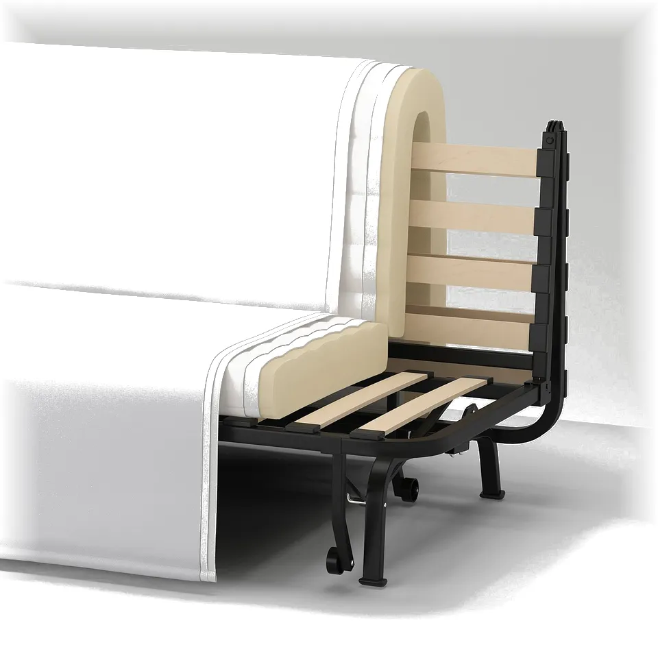 Image shows a sofa-beds side. Layers: 1. Steel frame with powder coating. 2. Wooden slats. 3. Comfort foam padding. 4. Cotton fabric cover.