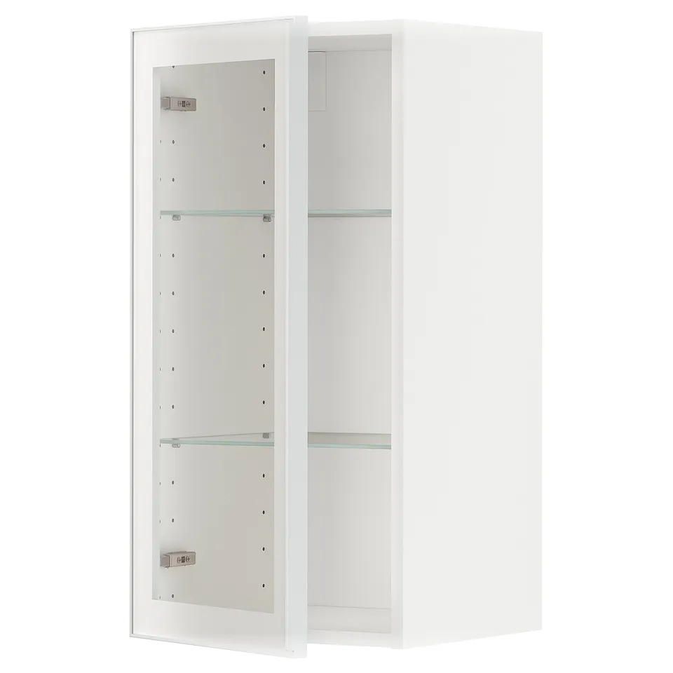 White wall-mounted kitchen cabinet with glass door and metal frame, square shape, modern design.