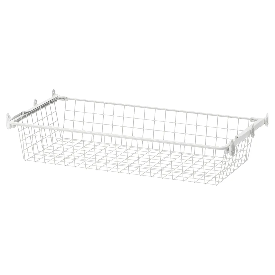 Displays a white wire mesh storage basket, designed for hanging and easy access.