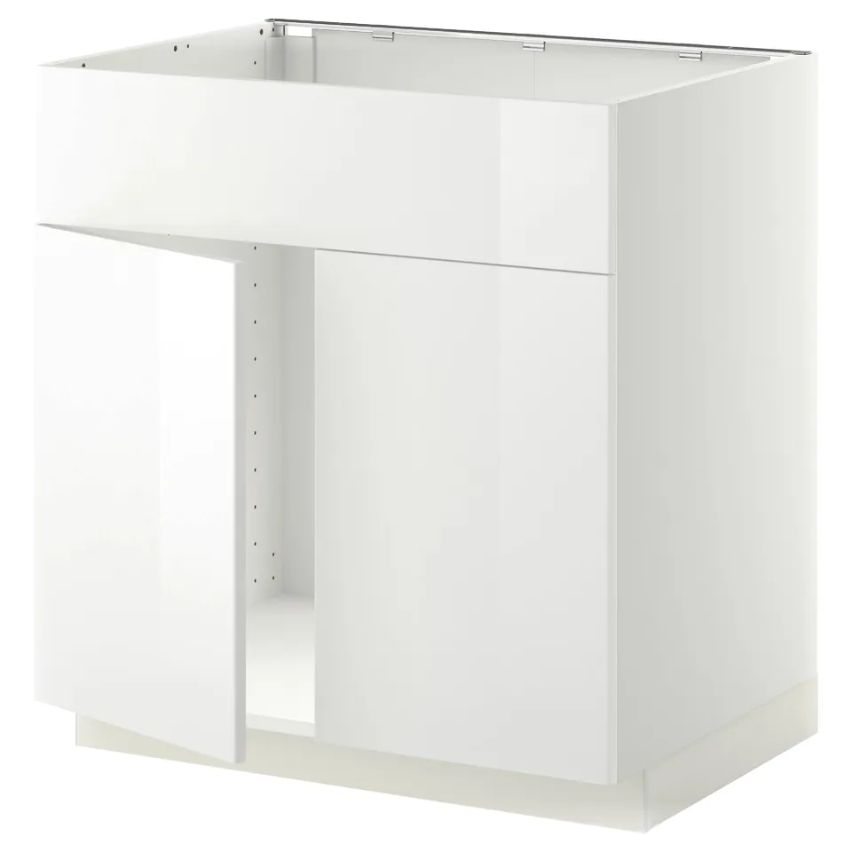 A white METOD kitchen cabinet. Its rectangular with a high gloss finish, designed for a modern kitchen setup.