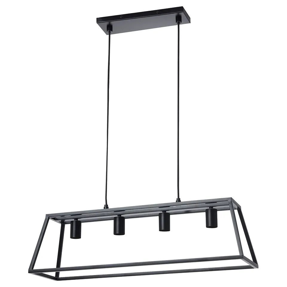 A modern FELSISK pendant lamp in black metal with four lights hanging from a cord.
