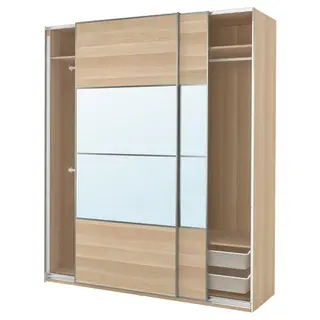 PAX / MEHAMN/AULI wardrobe combination, white stained oak effect double sided/white stained oak effect mirror glass, Width 200.0 x Depth 66.0 x Height 236.4 cm