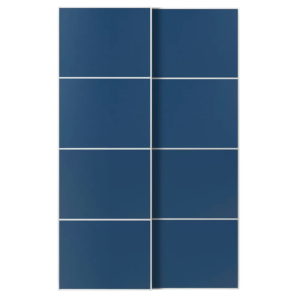 A blue MEHAMN sliding door set, featuring eight rectangular panels made of fibreboard and aluminium frame.