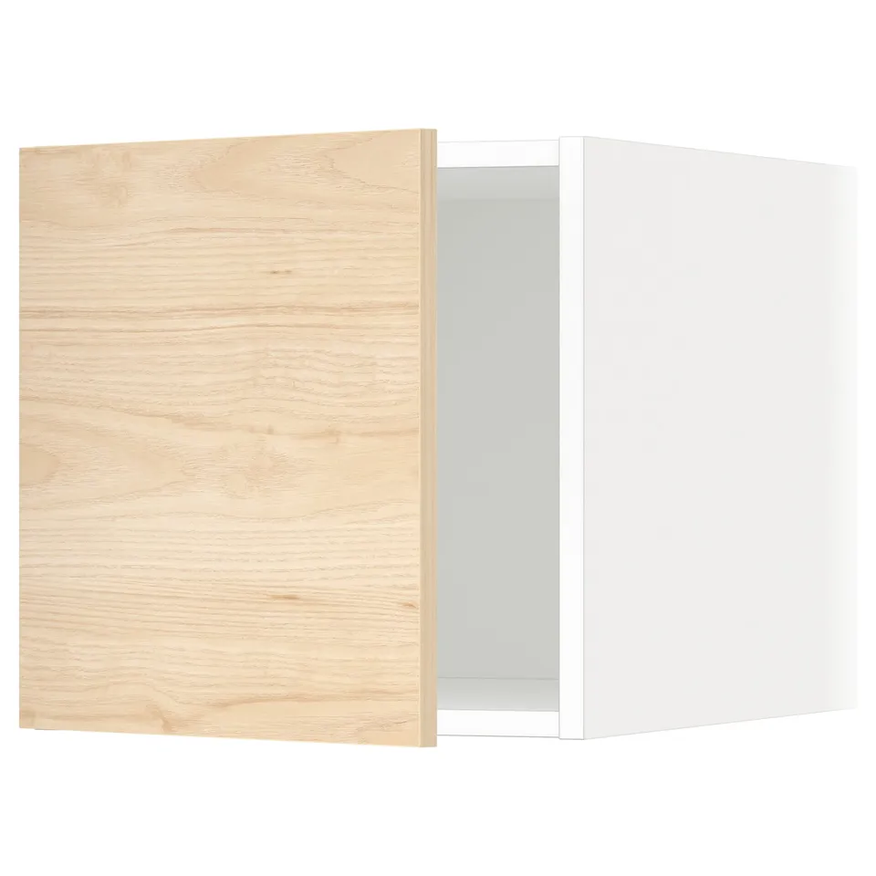 Modern light wood cabinet with white interior, adjustable hinges.