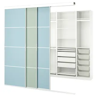 SKYTTA / PAX walk-in wardrobe with sliding doors, white double sided/Mehamn light blue/light green, Height 240 x Width 251 x Depth 115 cm