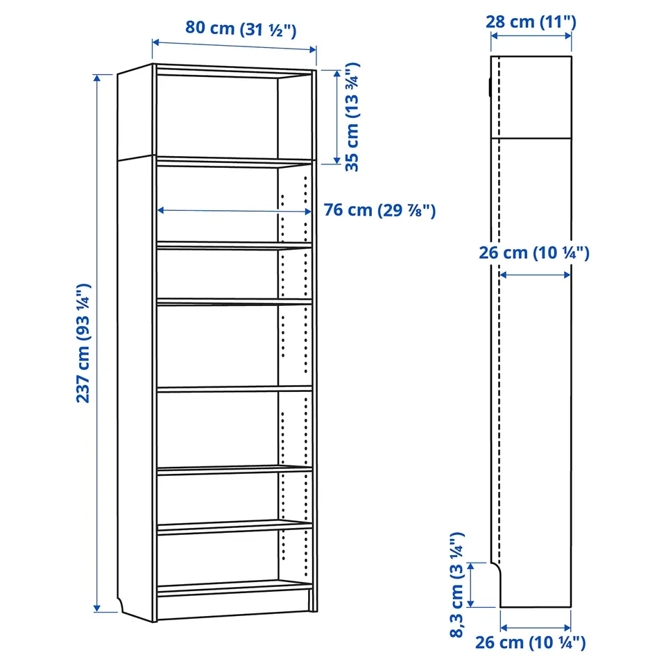 Illustration with measurements for the product: BILLY.