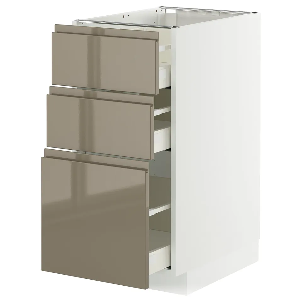 Modern METOD kitchen cabinet in glossy dark grey-brown with three horizontal drawers in sleek design.