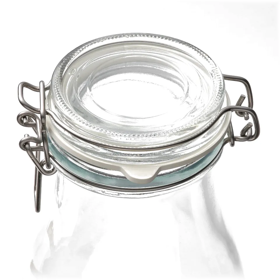 Clear glass jar shown with metal clamp-style lid, sealed with natural rubber. Ideal for preserving foods, aroma-tight.