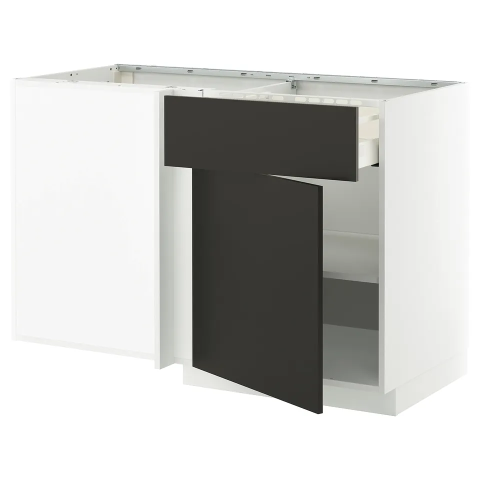 METOD kitchen unit with black doors, white frame, open shelves.