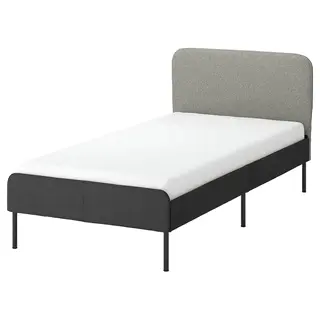 SLATTUM upholstered bed frame, Vissle dark grey/incl slipcover for headboard Öreryd grey/beige, 90x200 cm