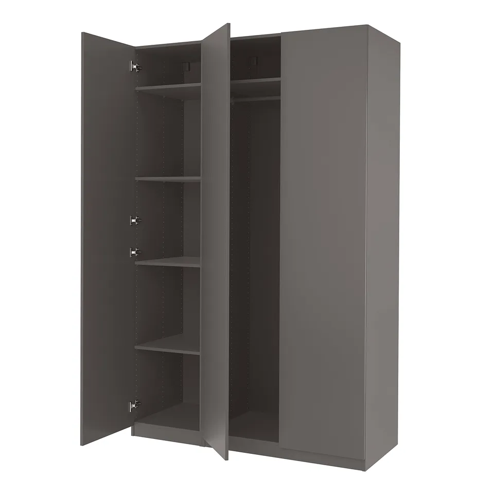 Modern grey PAX wardrobe with open doors, showcasing shelves and hanging rod, crafted from particleboard and fibreboard.