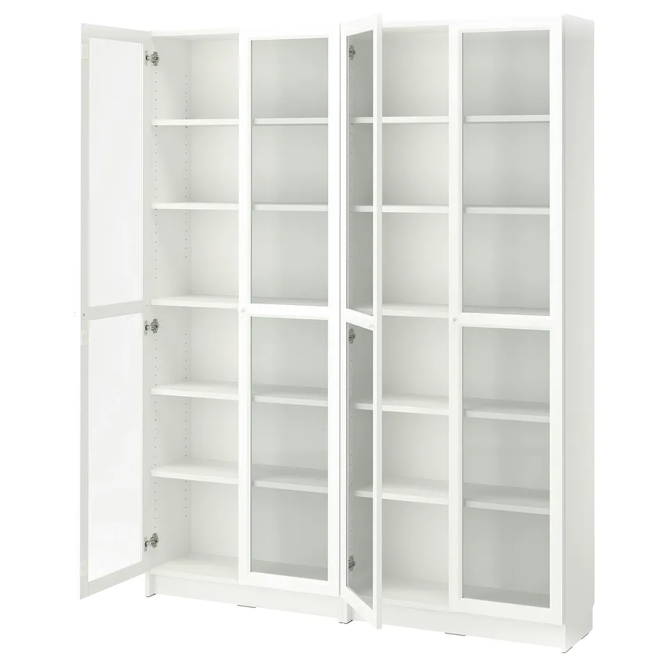 White BILLY bookcase with glass doors, clean design, adjustable shelves.