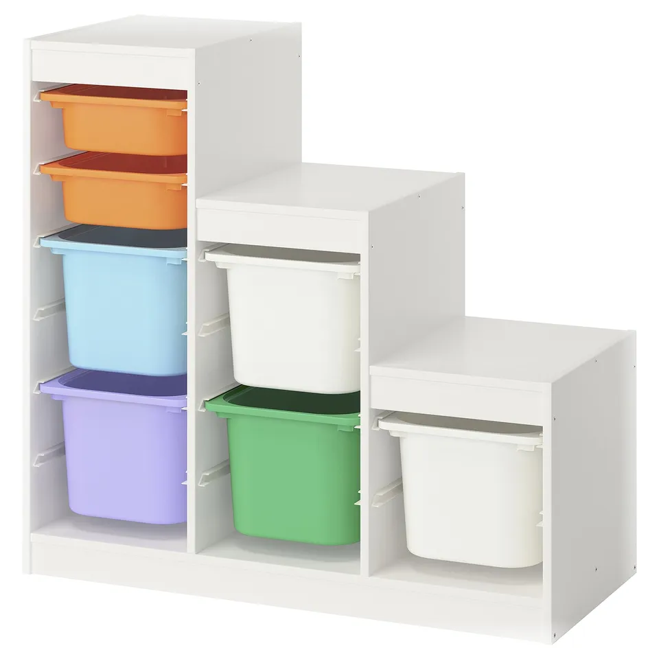 TROFAST colourful kids storage; white frame, orange, blue, purple, green & white bins. Sturdy, organised.