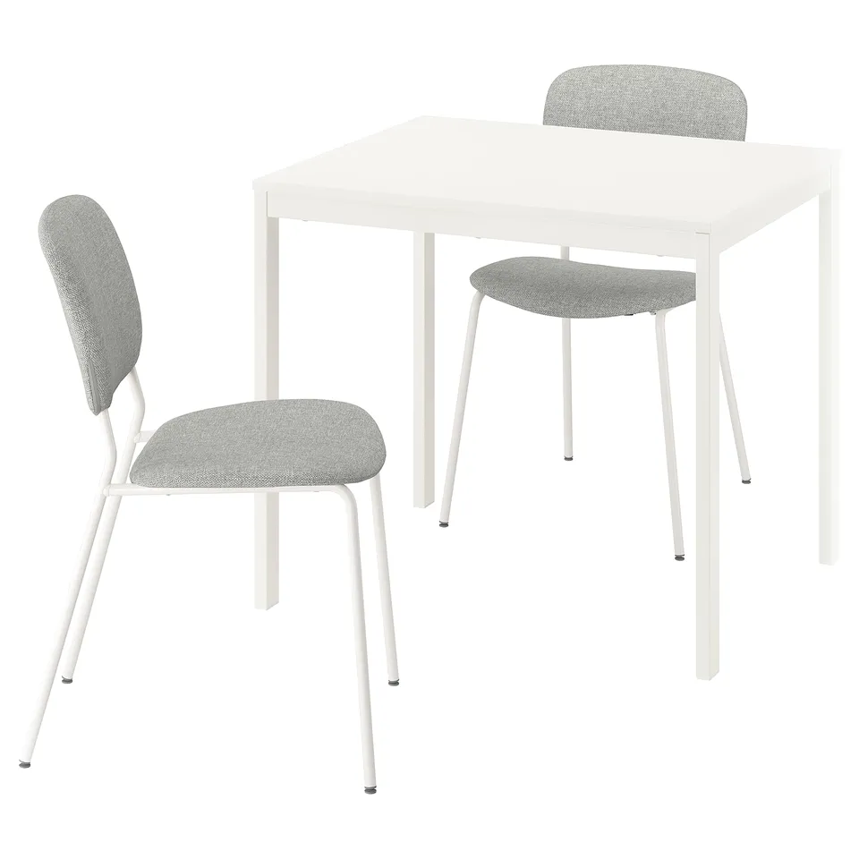 A white VIHALS set with a square table and two grey chairs, ideal for compact dining spaces.