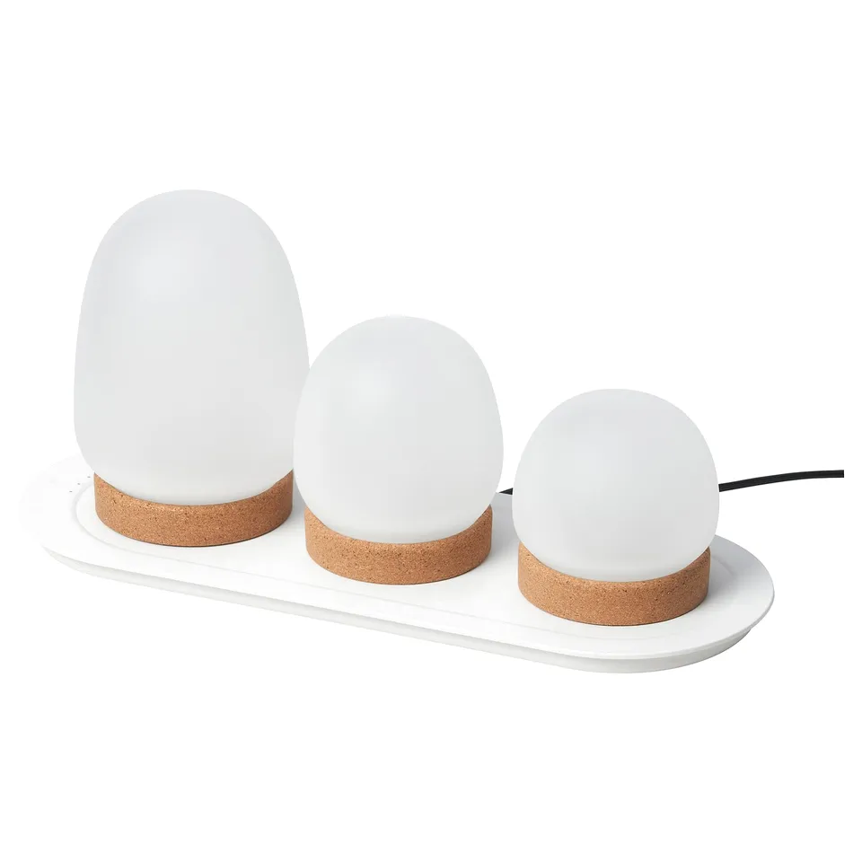 PRAKTSPIREA white lamp set, modern, 3 round glass shades on cork bases, charging tray, cordless use.