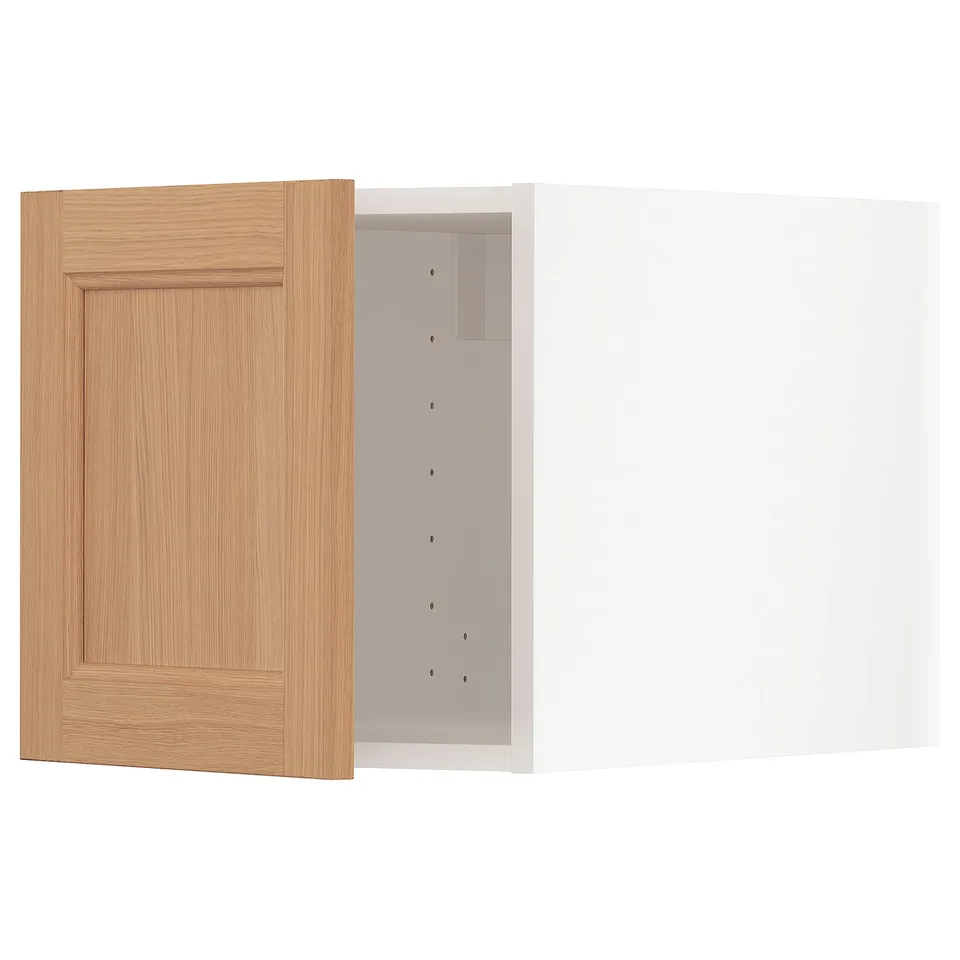 Ikea METOD oak kitchen cabinet with vedhamn door, natural wood finish, rectangular, sturdy frame.