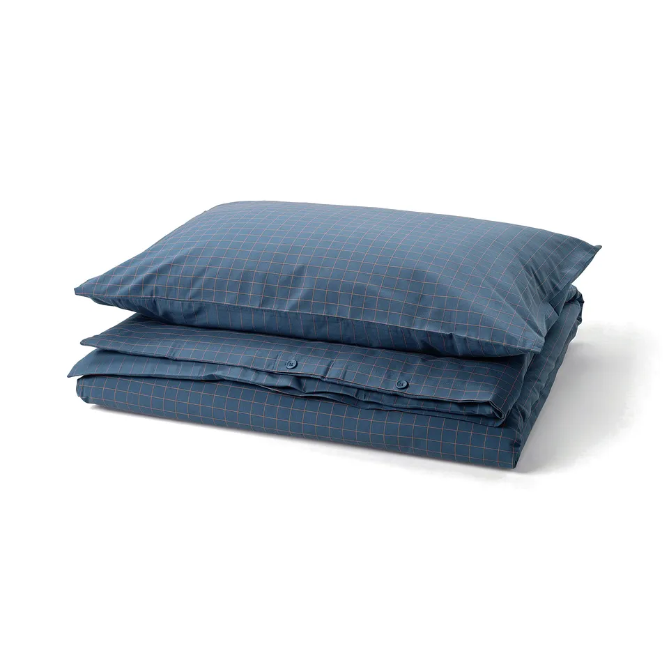 Blue DOFTAKLEJA duvet cover & pillowcase set, check pattern, stripes, buttoned.