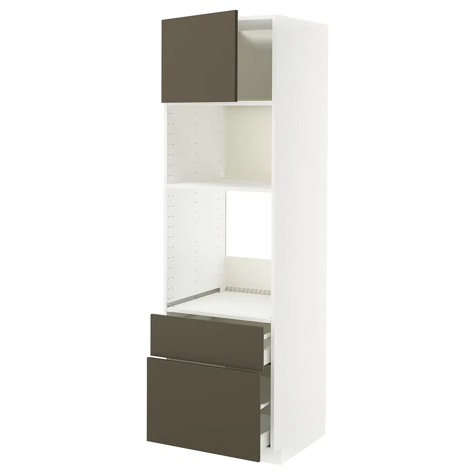 White METOD kitchen unit with brown drawers and shelves.
