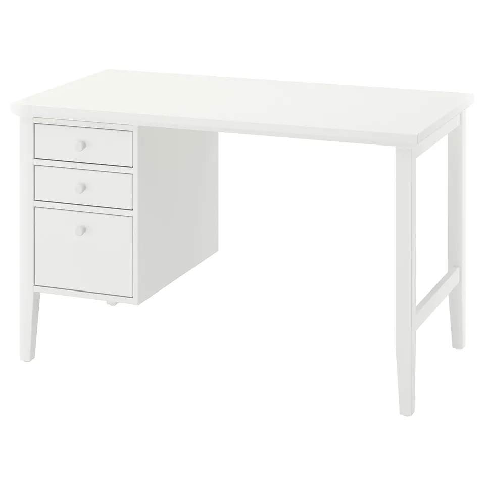 White GULLABERG desk, rectangular, 3 drawers, minimalist design, wooden, ideal for home office.