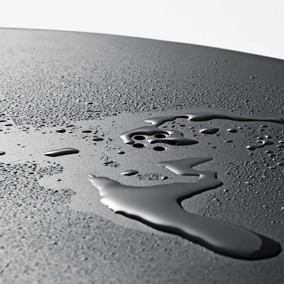 Black and white close-up shows water droplets beading on outdoor furniture, highlighting its water-resistant surface.