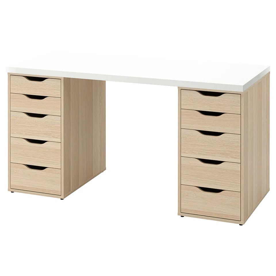 LAGKAPTEN desk: white top, oak drawers, rectangular design, four drawers per side.
