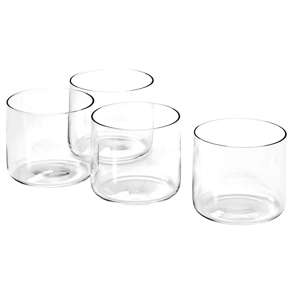 Four clear, mouth-blown glasses with straight, modern design from STOCKHOLM 2025 collection.