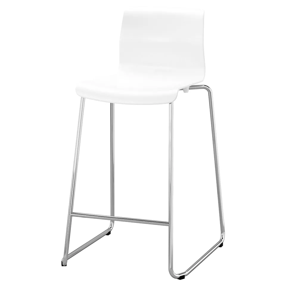 GLENN: white stool, chrome base, sleek design, modern look.
