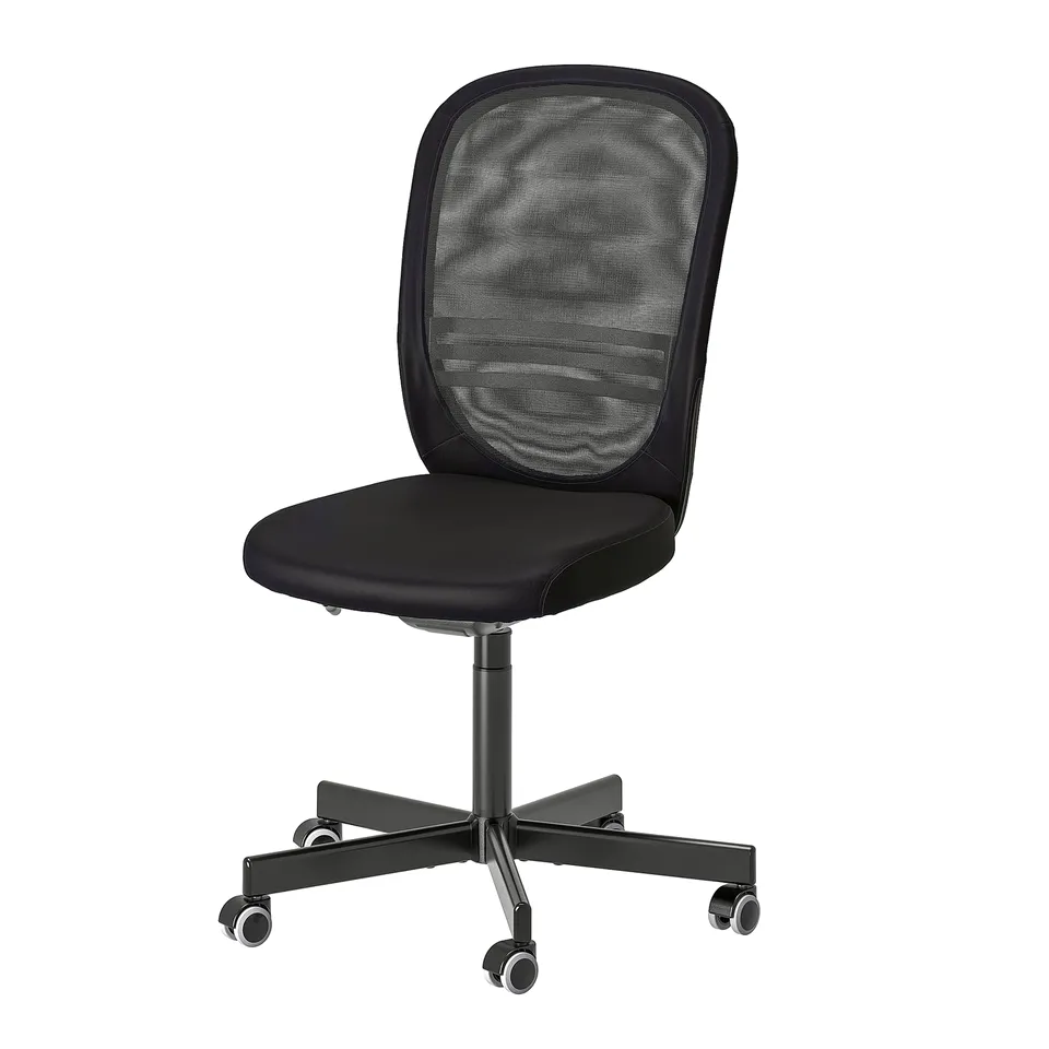 Black office chair, mesh back, adjustable height, five casters, ergonomic design.