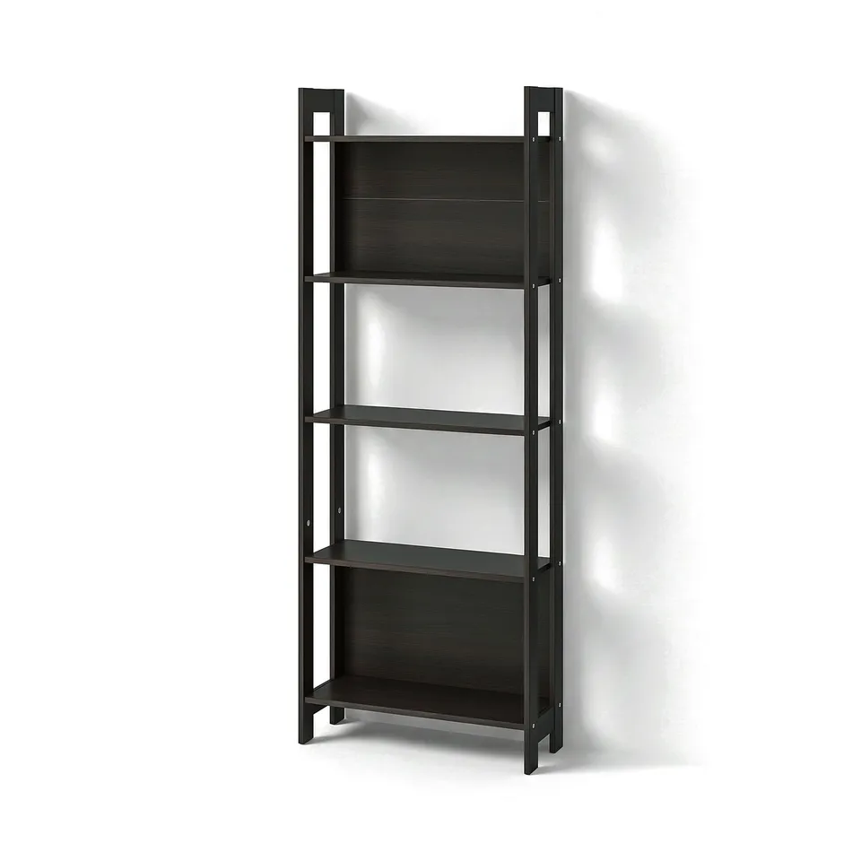 A tall, black LAIVA bookshelf with four narrow shelves, ideal for small spaces and displaying items.