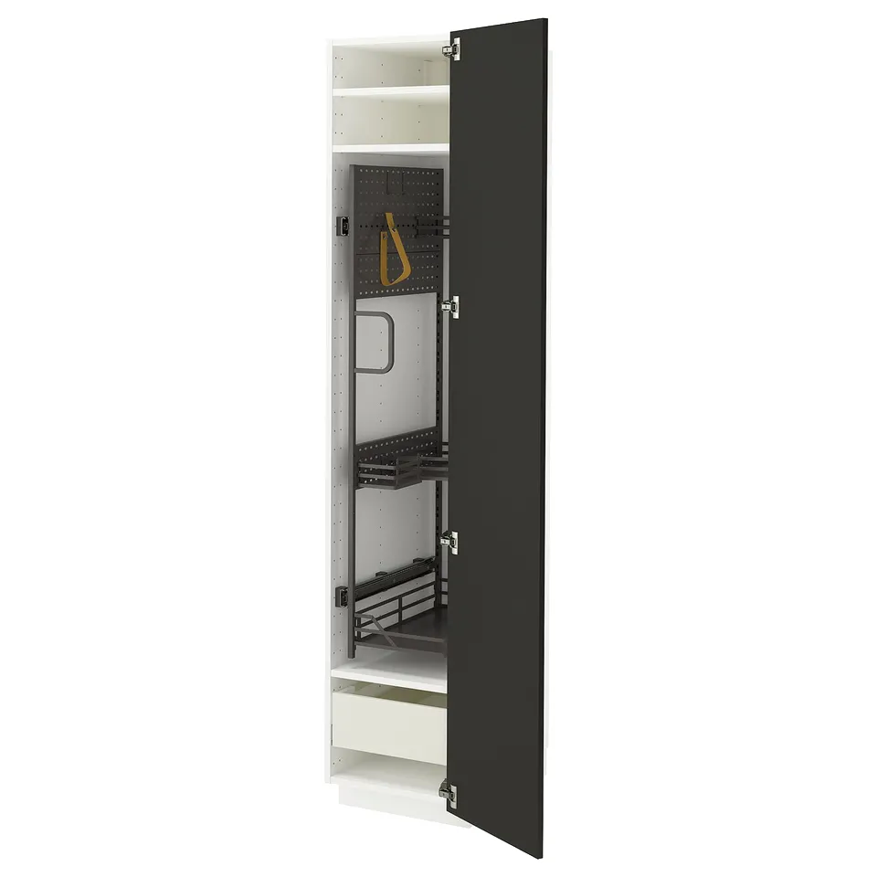Modern black METOD kitchen cabinet with pull-out organiser and shelves.