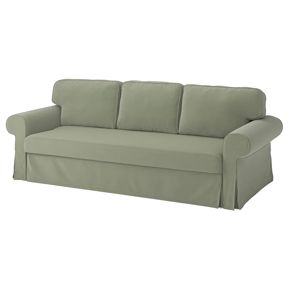 Green VRETSTORP sofa-bed, soft rolled arms, three cushions, upholstered in recycled polyester.