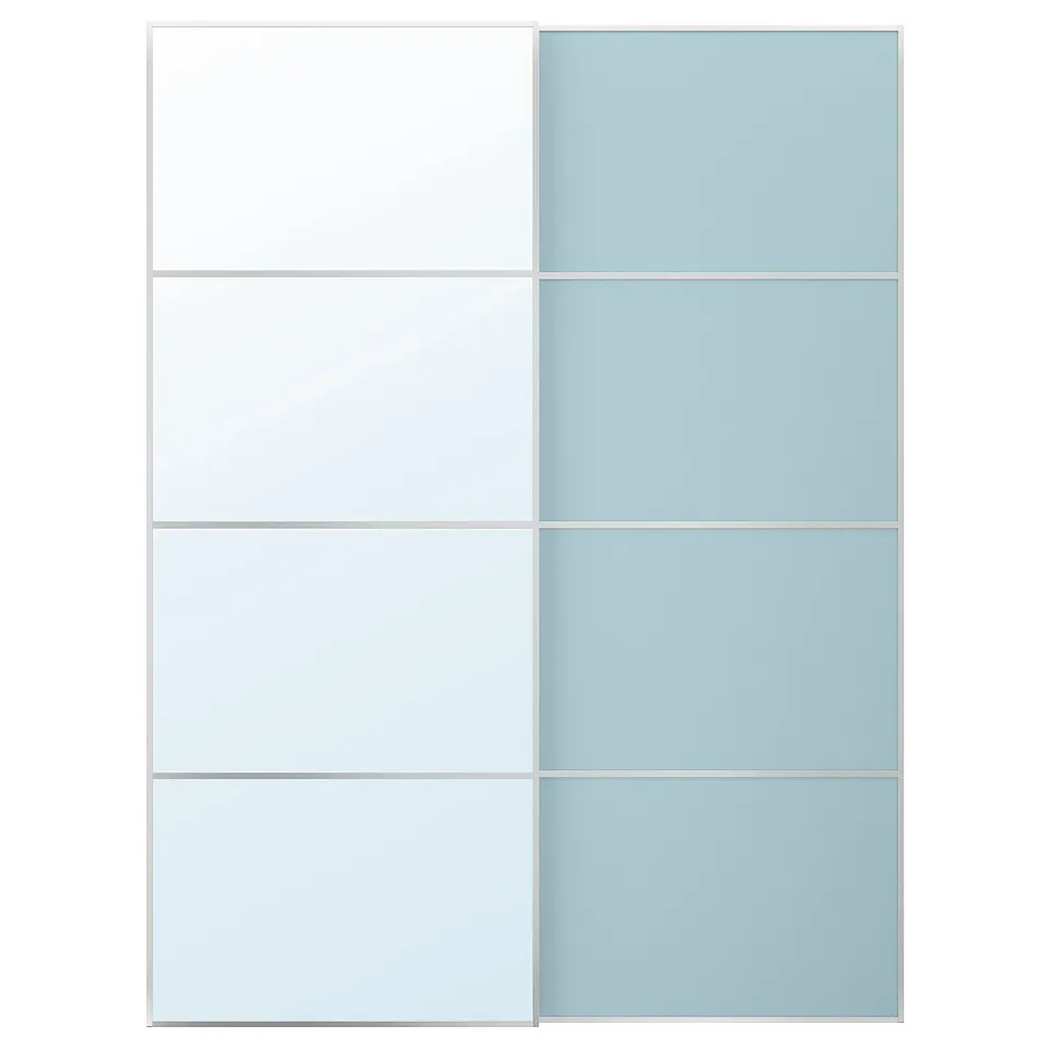 Modern sliding door, white & light blue, minimalist design.