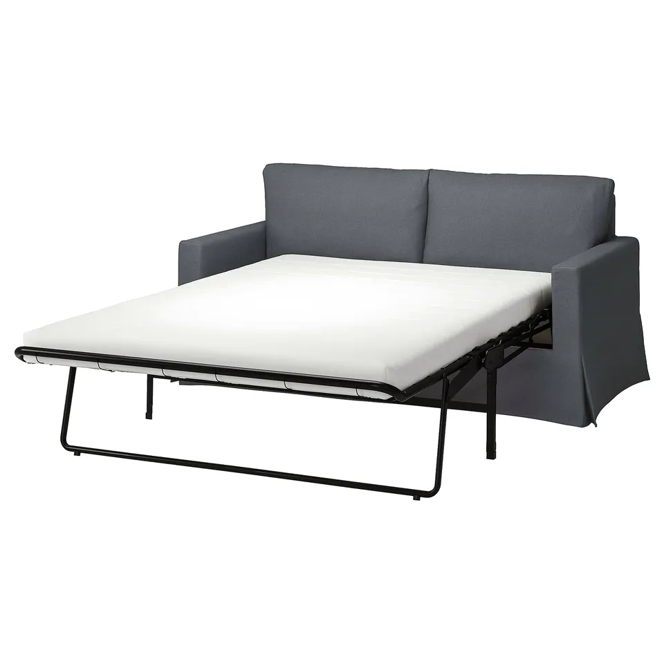 Grey HYLTARP sofa-bed, modern design, soft cushions, convertible for sleeping.