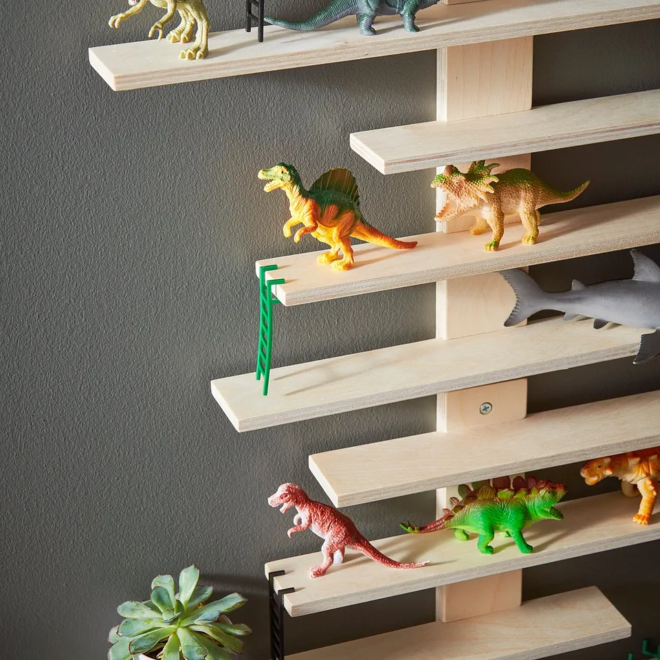 Wooden wall shelves with toys & ladders
