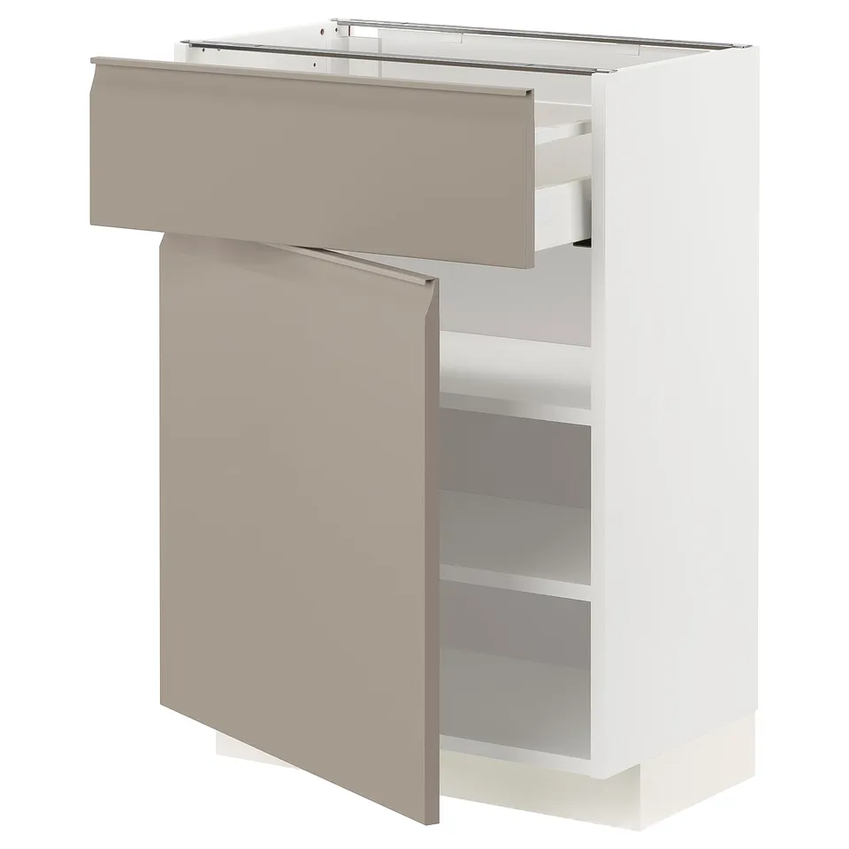 White ikea METOD kitchen cabinet with beige drawers, modern design, integrated handles, adjustable shelves.