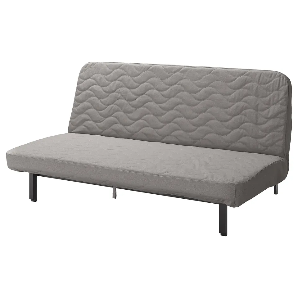 Grey convertible sofa-bed with wave-patterned back, black legs, suitable for small spaces.