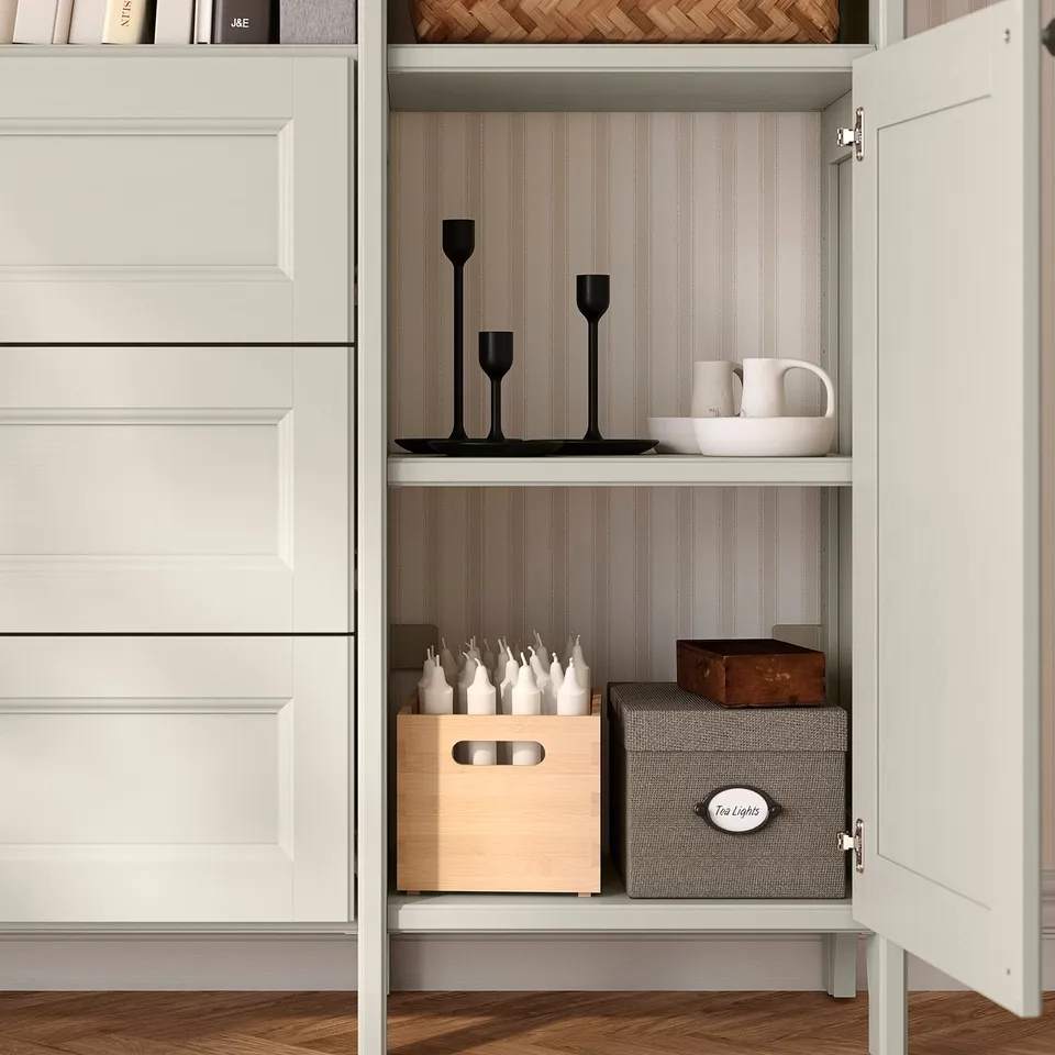 GULDDRAGARE Storage combination, beige/with 4 doors with shelves, 162x37x216 cm